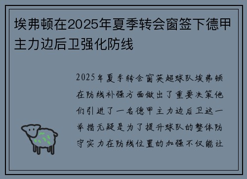 埃弗顿在2025年夏季转会窗签下德甲主力边后卫强化防线