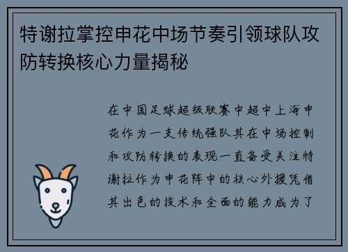 特谢拉掌控申花中场节奏引领球队攻防转换核心力量揭秘 特谢拉掌控申花中场节奏引领球队攻防转换核心力量揭秘
